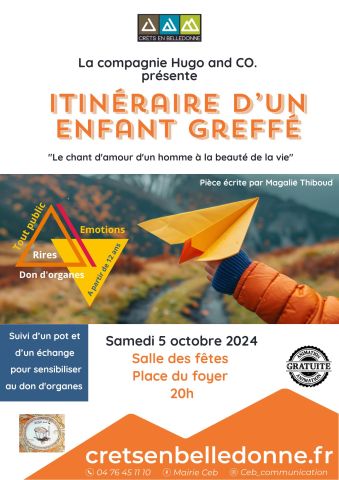 Pièce de théâtre Itinéraire d'un enfant greffé" Crêts en Belledonne le 5 octobre2024 20h salle des fêtes de Crêts en Belledonne gratuit