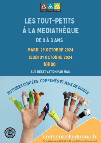 La médiathèque invite les tout-petits pour deux séances toutes tendres avec Karine autour d'histoires contées, de comptines et de jeux de doigts. Mardi 29 octobre 2024 à 10h et jeudi 31 octobre 2024 à 10h. Réservation par mail à mediatheque@mairieceb.fr