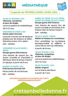 Agenda février, mars, avril 2024 médiathèque Crêts en Belledonne